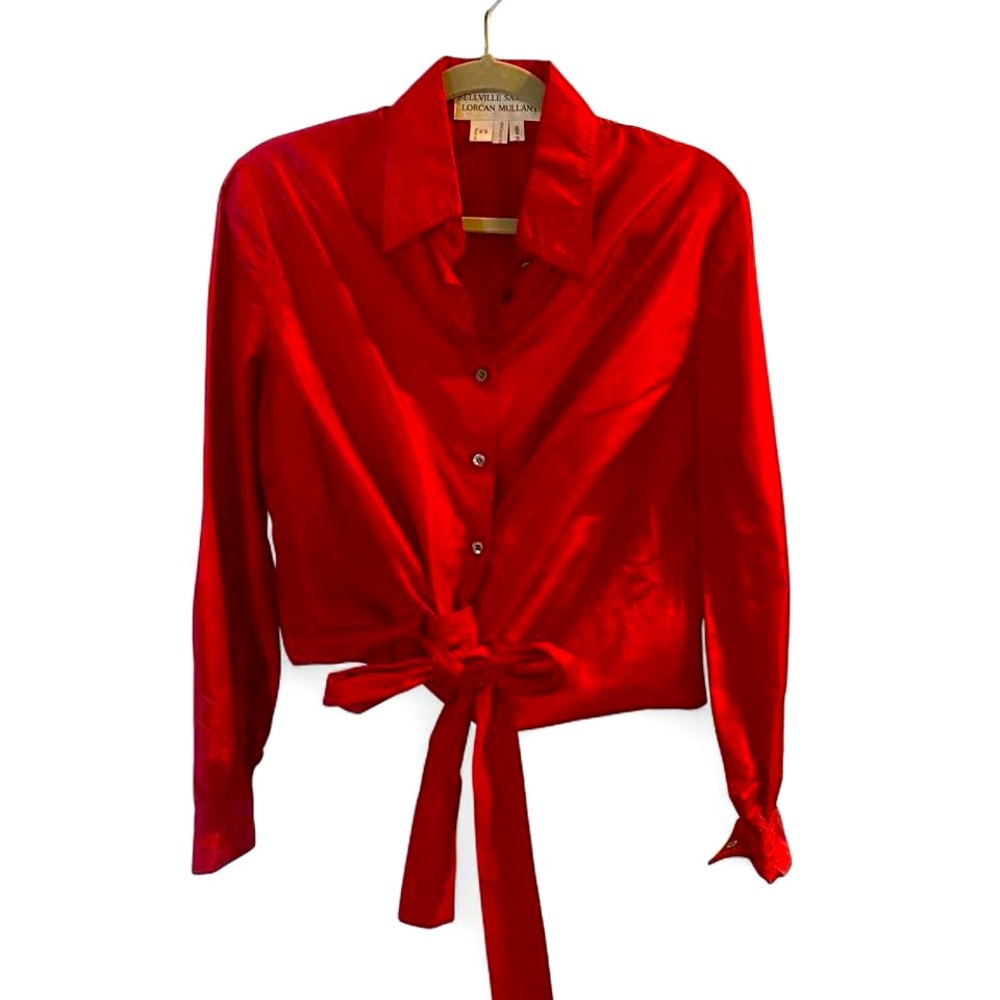 Pure Silk Button-Up Blouse front tie detail